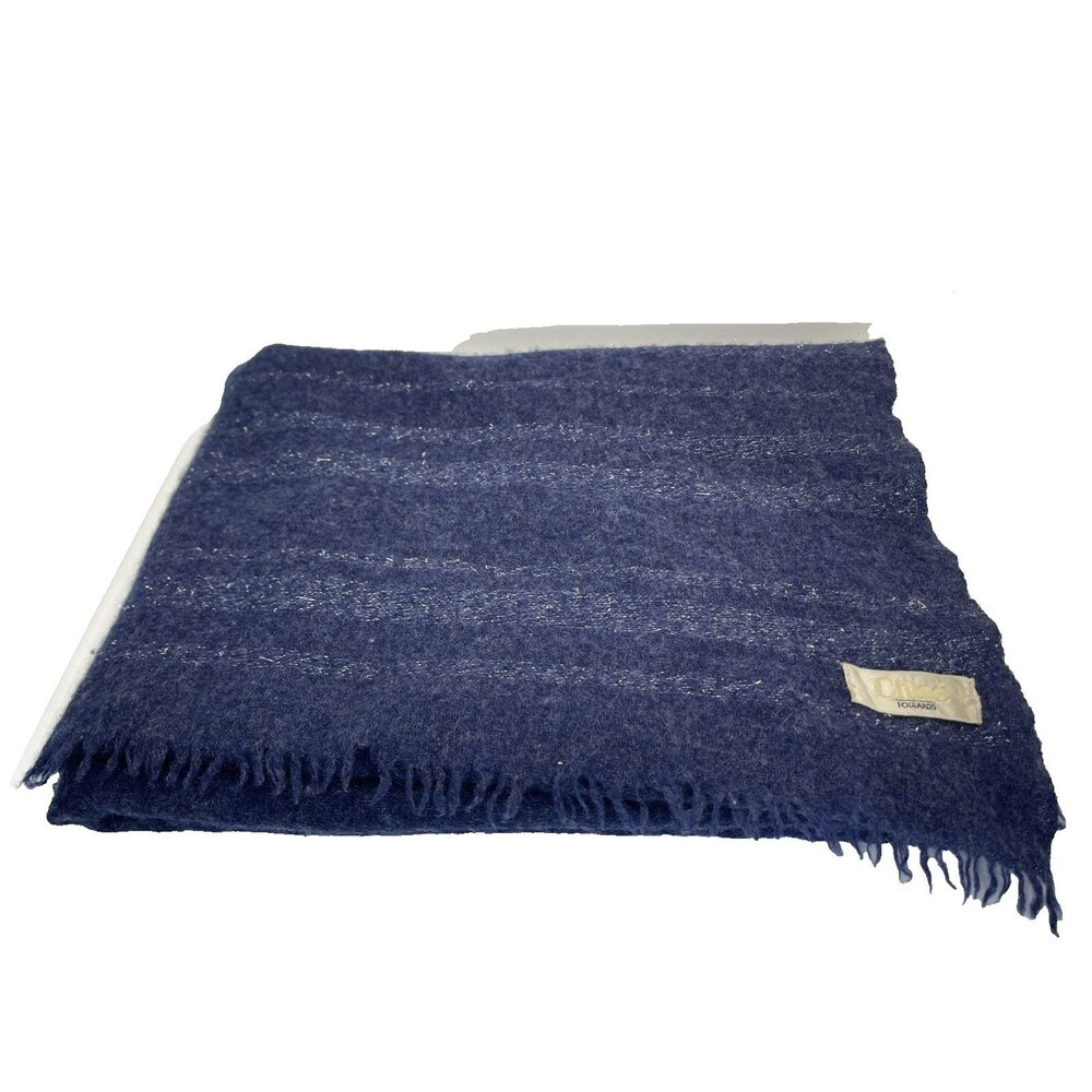 Chloé Foulards Cashmere Scarf Navy Blue Metallic Fringe Luxury Soft/103